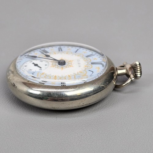 VTG Elgin Pocket Watch Gold & Blue Dial Silver Case W/ Locomotive Design 18s 7j - Picture 5 of 11