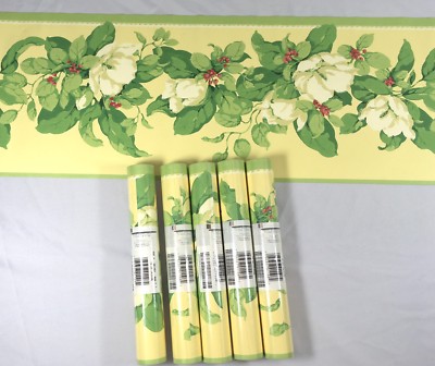 5 Roll Lot Wallpaper Border GRAMERCY Garden Yellow Floral Bloom Berries Flower
