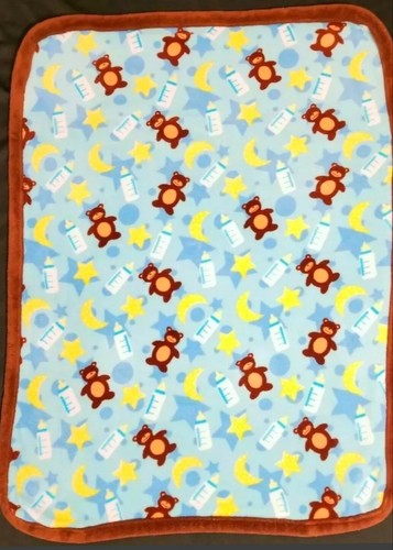 Northpoint Baby Blue Blanket Brown Trim Bears Baby Bottles Yellow Stars Moons - Picture 5 of 8