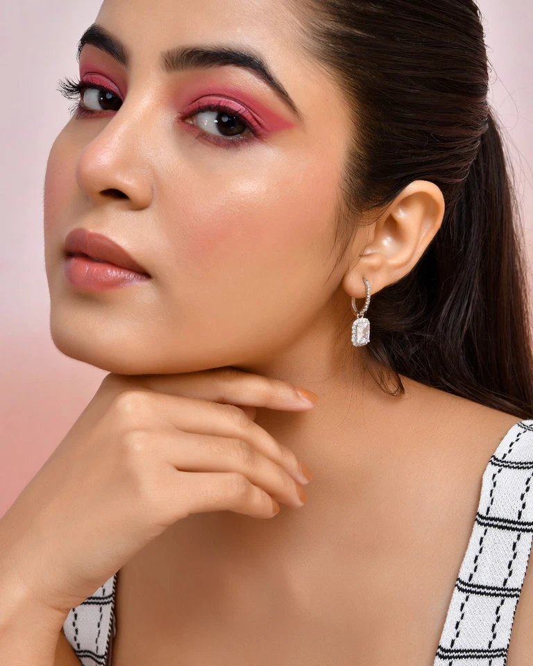 Emerald Cut Diamond Halo Drop Earrings for women 14k White Gold Earrings for her - Image 2 of 4