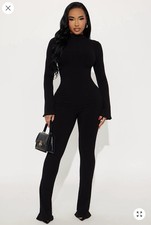 Black Long Sleeve Flared Leg Mock Neck Jumpsuit for Women