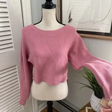 HOUSE OF HARLOW 1960 Womens Sweater Large Pink Ribbed Knit Cropped Preppy Casual
