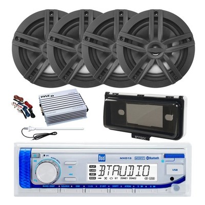 Dual Bluetooth Marine Radio,Cover, Antenna,Amp w/Kit, 4x 6.5'' 180W Black Speaker