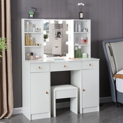 Vanity Makeup Table w/ 10 Led Lighted Mirror Sliding Cabinet Modern 3 Drawers US