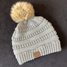 C.C Exclusives Gray Knit Acrylic Beanie with Fur Trim Pom Women's Winter Hat