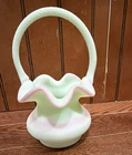 Fenton Green & Pink Hand Blown Art Glass Decorative Basket w/ Handle. Free book