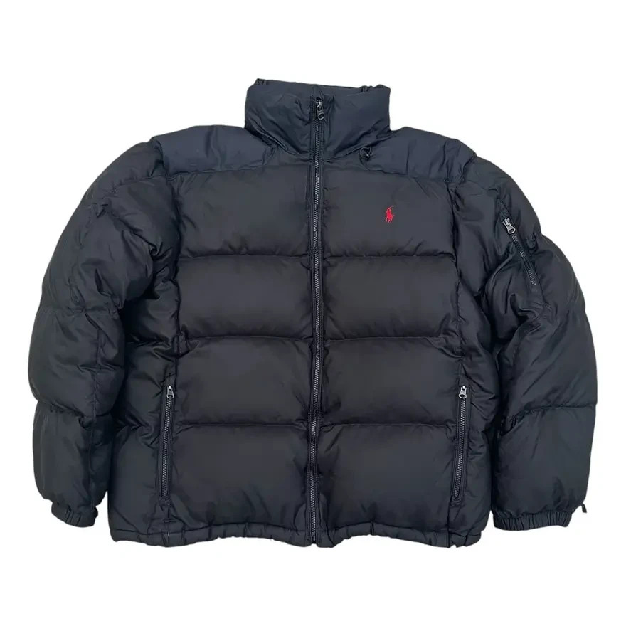 VINTAGE Polo Ralph Lauren uomo XL blu navy puffer piumino d'oca giacca zip intera pony