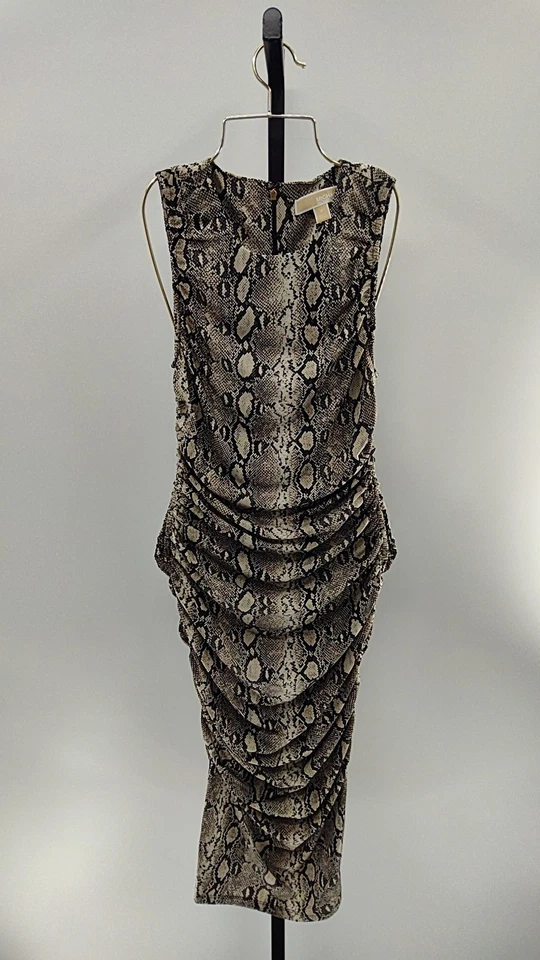 Michael Kors Printed Long Sleeve Ruched Midi Sheath Dress M