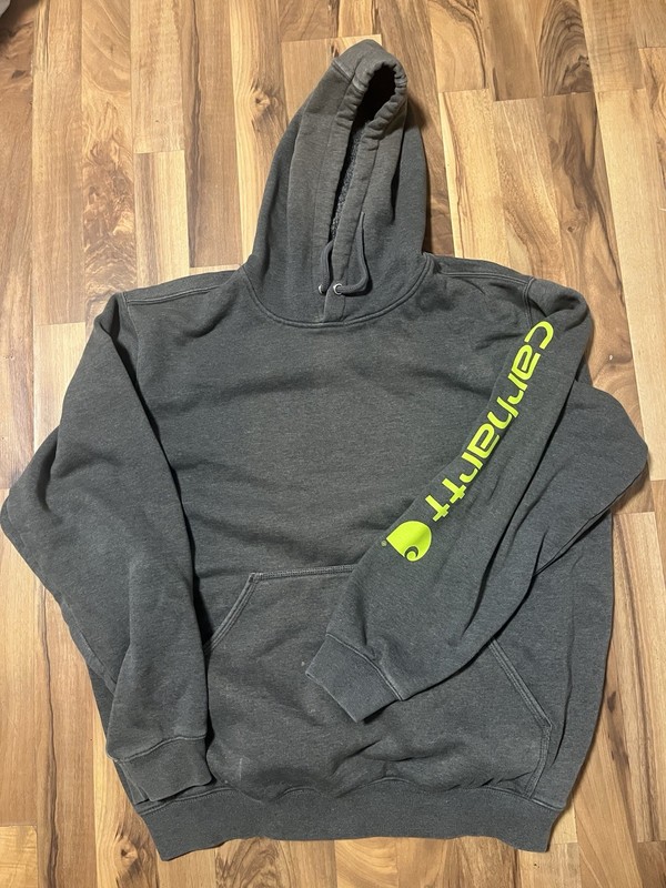 Carhartt Gray Loose Fit Pullover Fleece Hoodie Logo Pockets Drawstring Men's L