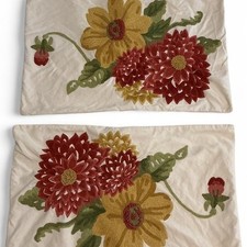 Pottery Barn Floral Crewel Pillow Shams Standard Set of 2 Cream Embroidered