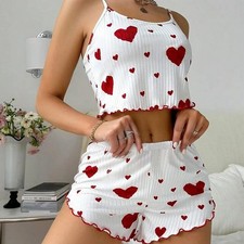 Womens Heart Print Pyjamas Set  Sexy Camisole Top & Short Valentine Loungewear