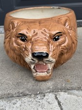 Vintage Ceramic Roaring Lion Head Planter Signed Thm Mcm Hollywood Regency