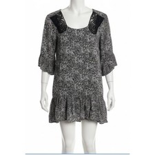 Volcom Mini Dress M Black White Lace Insert Deep Scoop Back Bell Sleeves Boho