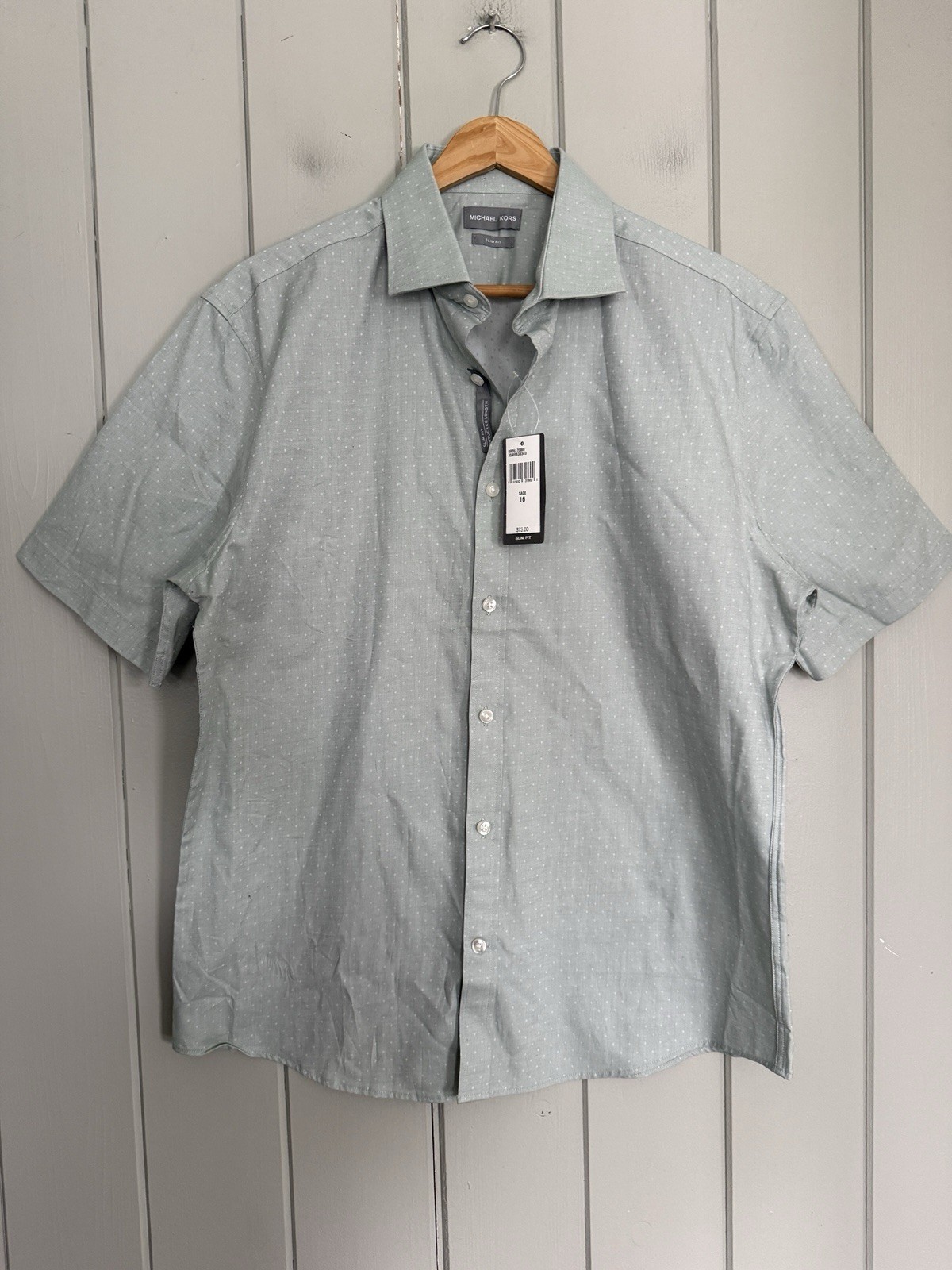NWT Michael Kors Men’s Slim Fit Short Sleeve Button-Up Shirt L Large Sage Green
