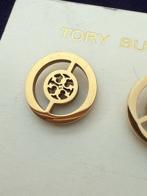 Tory Burch Split Circle Miller Gold Logo Stud Earrings With Logo Pouch Tags