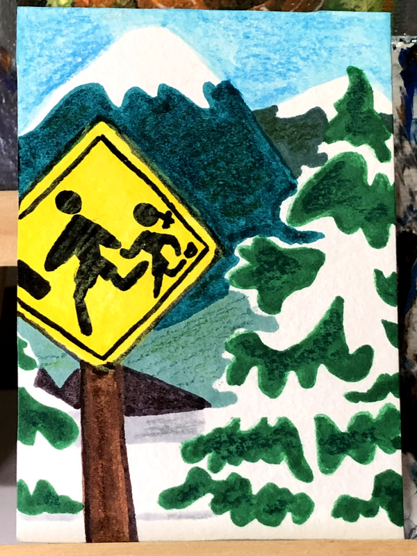 ACEO Original South Park Cartoon Landscape Mountains Snow Mini Art Drawing