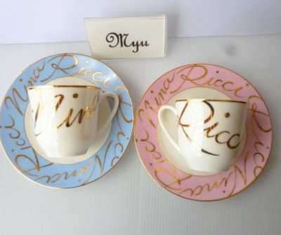 NINA RICCI Sango Maison Cup & Saucer Pair Set Japan Blue Pink