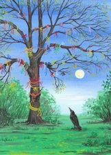 ACEO PRINT OF PAINTING RYTA RAVEN CROW TREE OF Wishes Zen Art Spring Whimsical