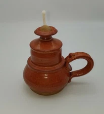 Handcrafted Pottery Handled Oil Lamp Signed Hand Thrown Pioneer Primative