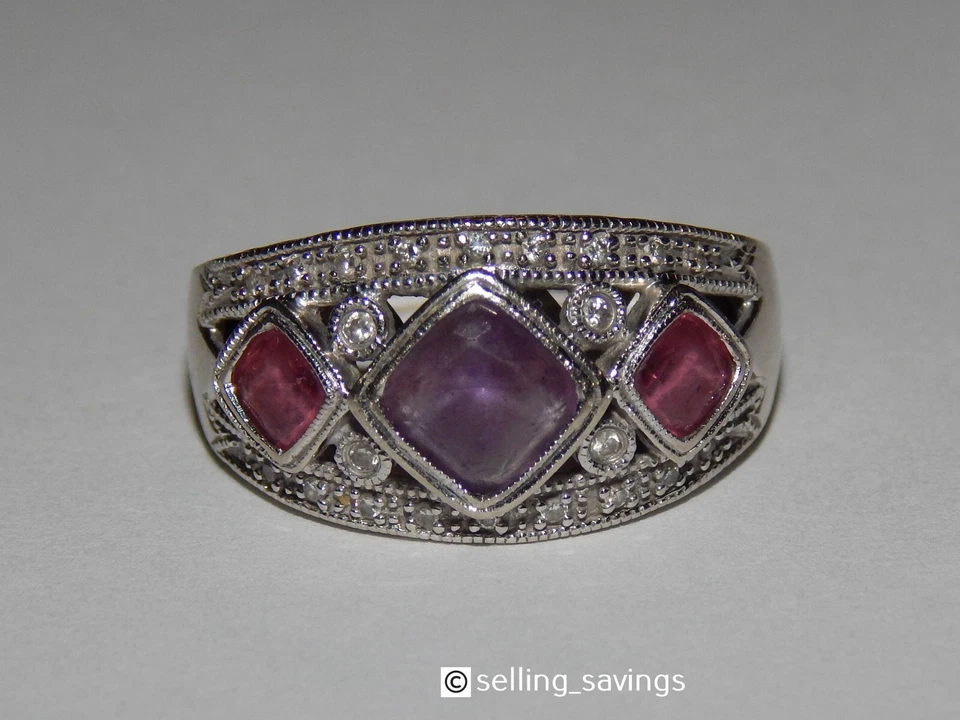 ANILLO DOMO ORO BLANCO 14K AMATISTA TURMALINA DIAMANTE TALLADO BISEL 1/2 PULGADA ANCHO Foto 2 de 4