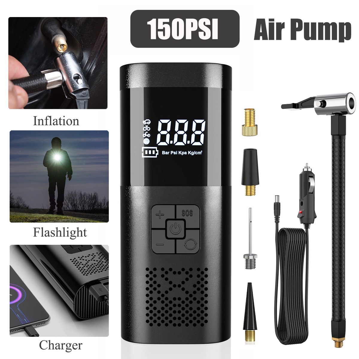 Cordless Tire Inflator Air Compressor – 150 PSI, 6000mAh, Type-C Charging – For Car, Moto, Bike