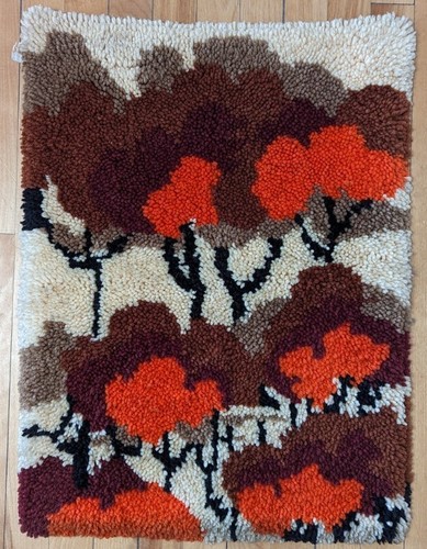 Vintage Handmade Retro Latch Hook Rug Wall Art Orange Brown Trees Fall ...