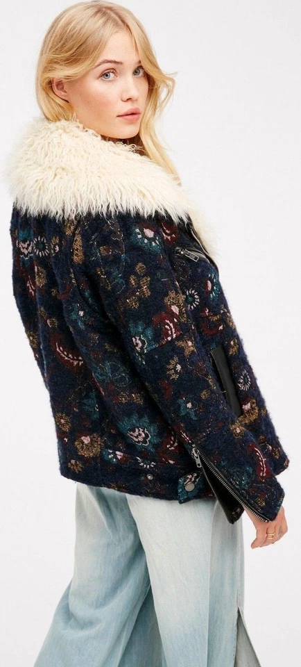 Free People Jacquard Wool Faux Fur Jacket Coat Navy Floral Tapestry OB524703 - Image 3 of 4