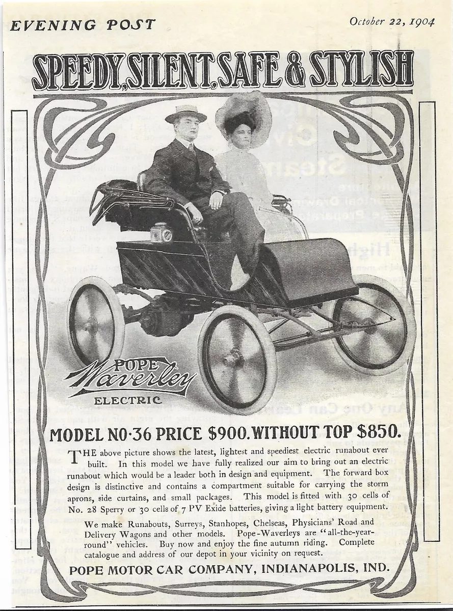 Antique 1900 s American Automobile Pope Waverley N0. 36 Electric Car 1904 AD