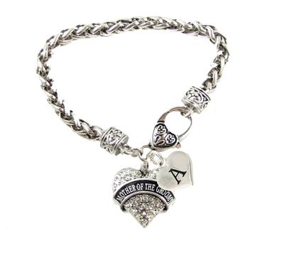 Custom Clear Crystal Mother of the Groom Heart Silver Bracelet Jewelry Initial