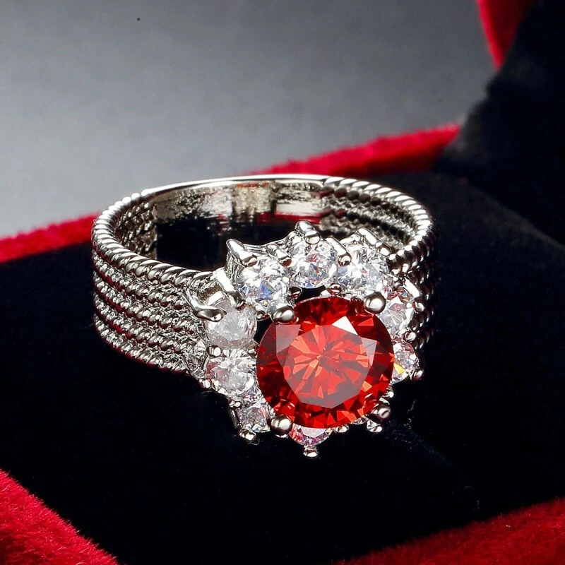Red CZ Round Cut Flower Band AAA Cz Engagement Women's 925 Silver Ring Size 6-10 - image 3 of 4