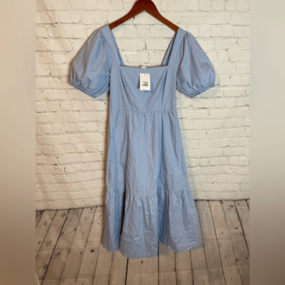 ASTR Poplin Tiered Midi Dress S Puff Sleeve Blue NWT | eBay