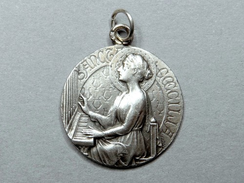 St Cecile, Cecilia, Caecilia. Medal by Tricard. Antique Religious Silver Pendant - Picture 2 of 4
