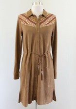Flying Tomato Tan Long Sleeve Geometric Aztec Shirt Dress Size S Boho Tie Belt