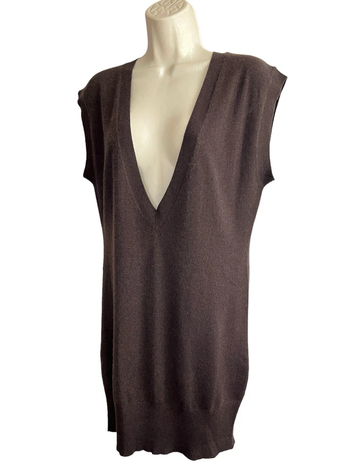 Chaleco Largo Otoño Cachemira Marrón Tejido Cuello en V Bordado Espalda Floral Talla M Foto 4 de 4