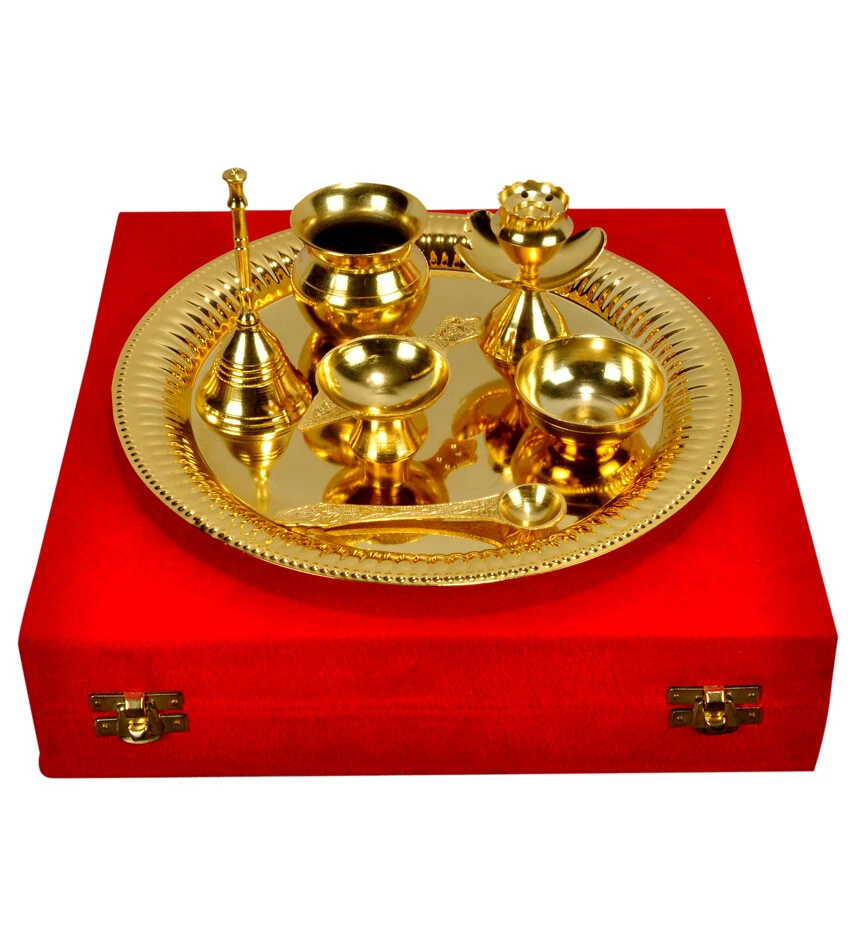 Indian Gold Plated Brass Pooja Thali Set 7 Pcs Box Packing Home