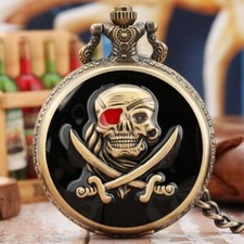 Retro Style Skull Pirate Quartz Pocket Watch with Fob Chain Best Gift Men Women