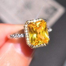 Yellow Rectangular Crystal Ring Silver Tone H...