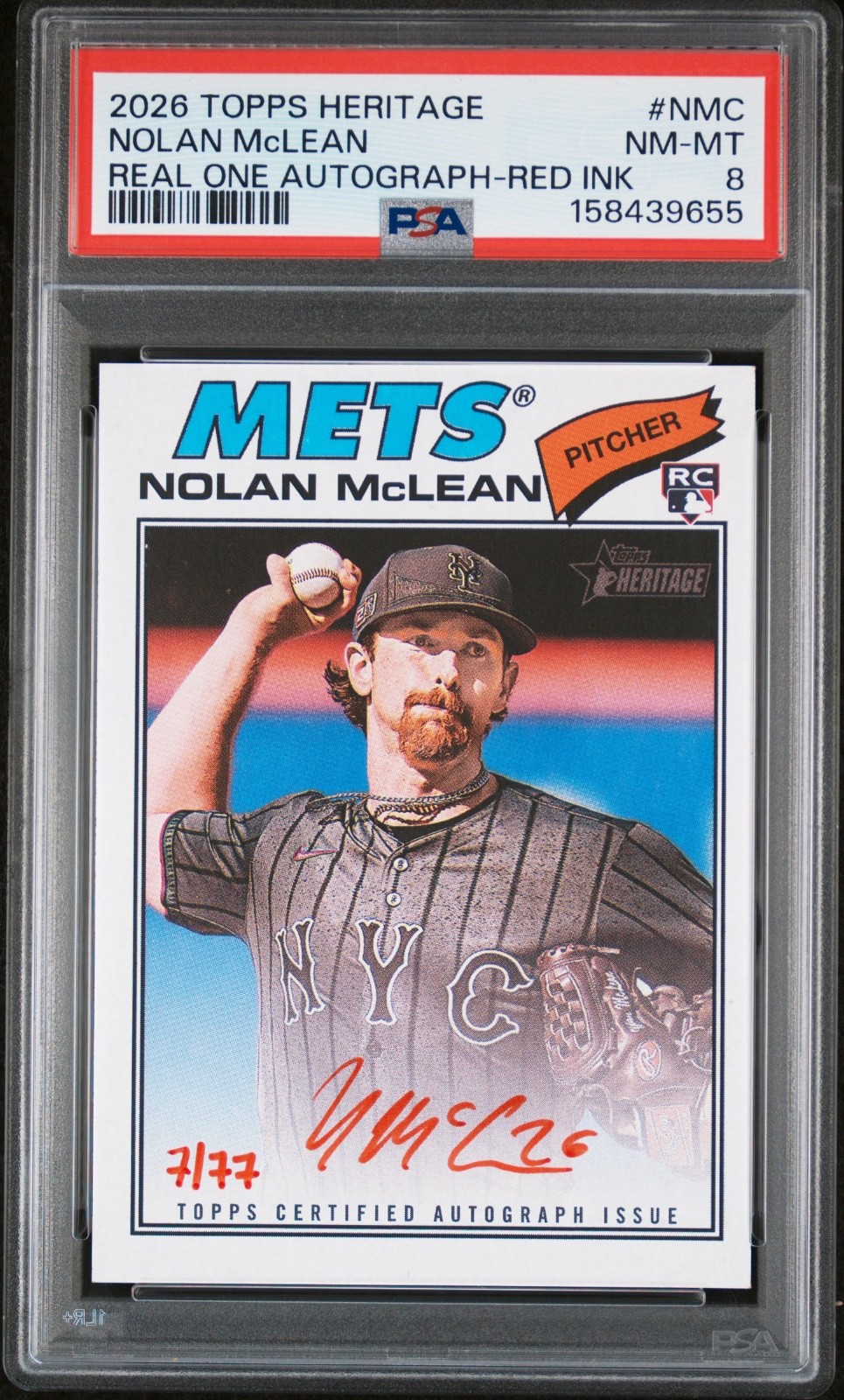 2026 Topps Heritage Nolan McLean Real One Red Ink Auto /77 #ROA-NMC PSA 8