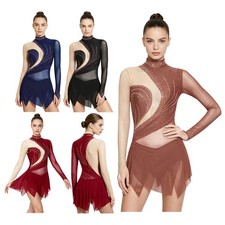 Womens Bodysuit Training Jumpsuit Gymnastics Figure Skating Sheer Mesh Leotard