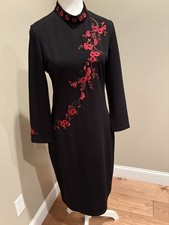 D&R Classic Embroidered Dress Black Red Floral Large Knee Length