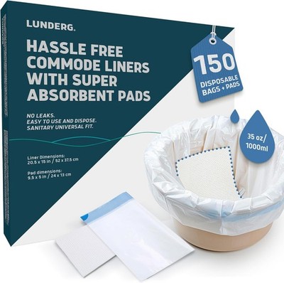 150 Count Disposable Commode Liners Absorbent Pads Universal Fit Adult Chair