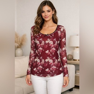 EUC Coco & Shay Women's Burgundy Floral Mesh Long Sleeve Top Blouse TJ0380P 2XL
