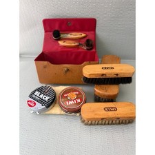 Vintage Kiwi Shoe Shine Kit Horsehair Brushes Polish Travel Case