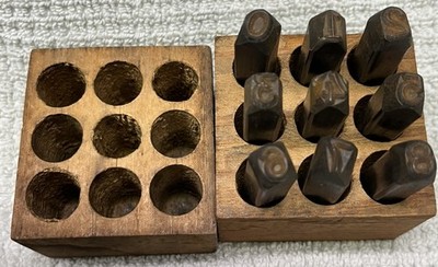 NICE Vintage Steel Number Stamps Punch Set of 9 With Wood Box 