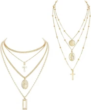 ORAZIO Cross Necklace,Layered Necklaces for Women,Dainty 14K A:2PCS Gold Tone 