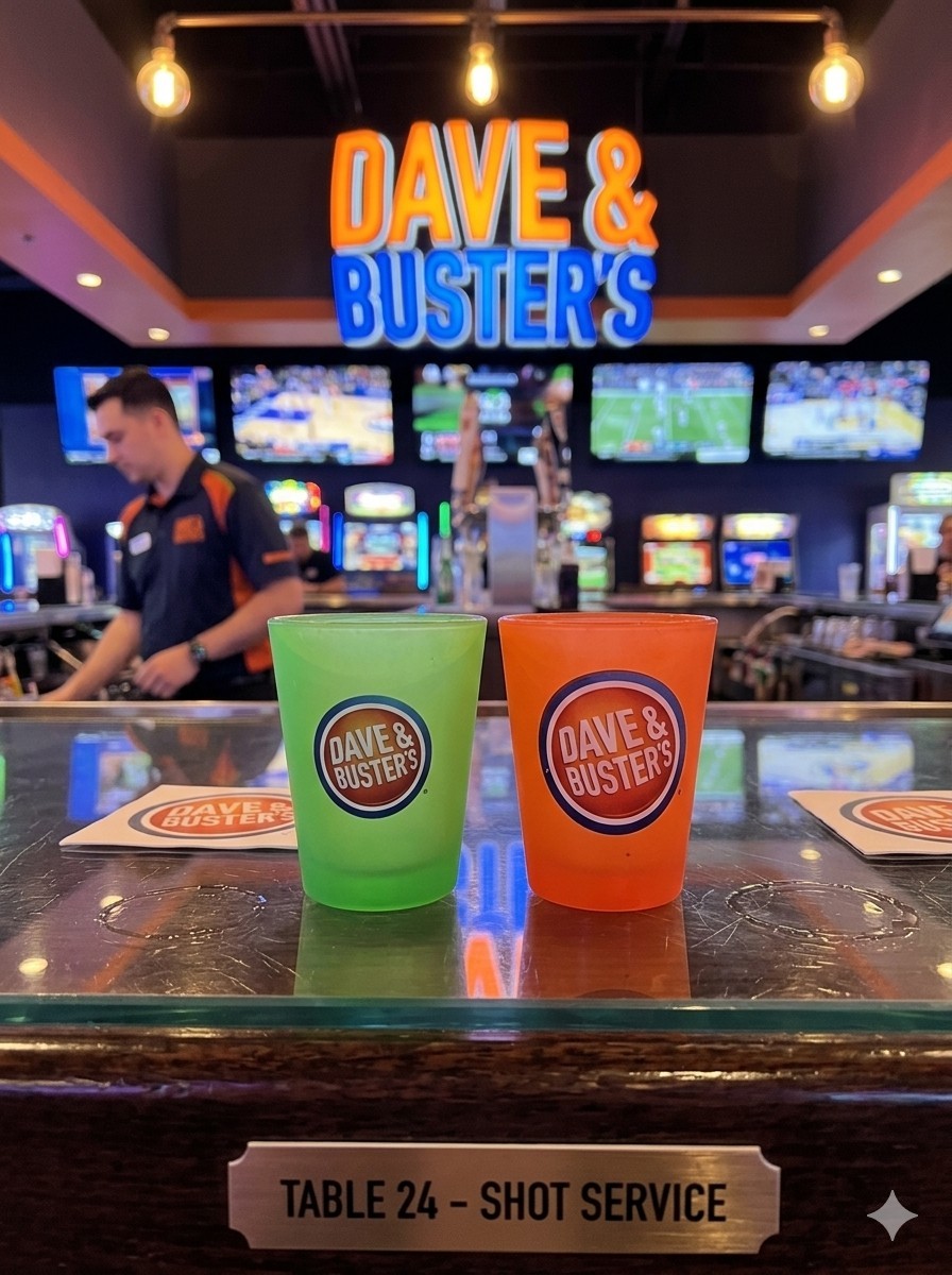 Dave & Buster's Frosted Shot Glass Set - Green & Orange Neon  2 oz  Excellent!
