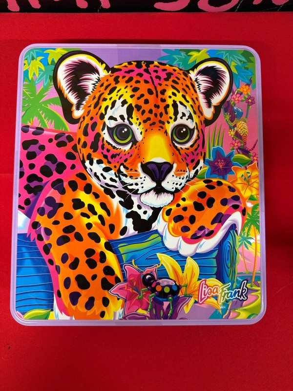 VINTAGE Lisa Frank 90s leopard cub colorful large tin with original beads Rare