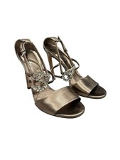 Gucci Metallic Bronze Leather Embellished GG Logo Ankle Strap Heels Size 37 1/2