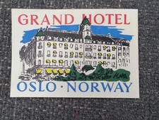 Original Vintage 1950s Luggage Grand Hotel Oslo Norway Tag Label