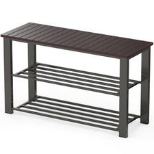Wood Top Shoe Storage Bench for Entryway, Dark Brown